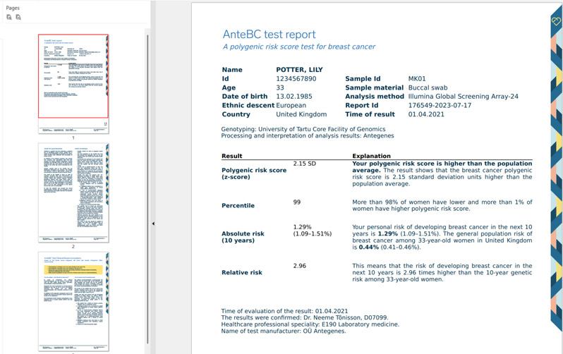 Male Multi Cancer Risk Risk Scoring Example Report